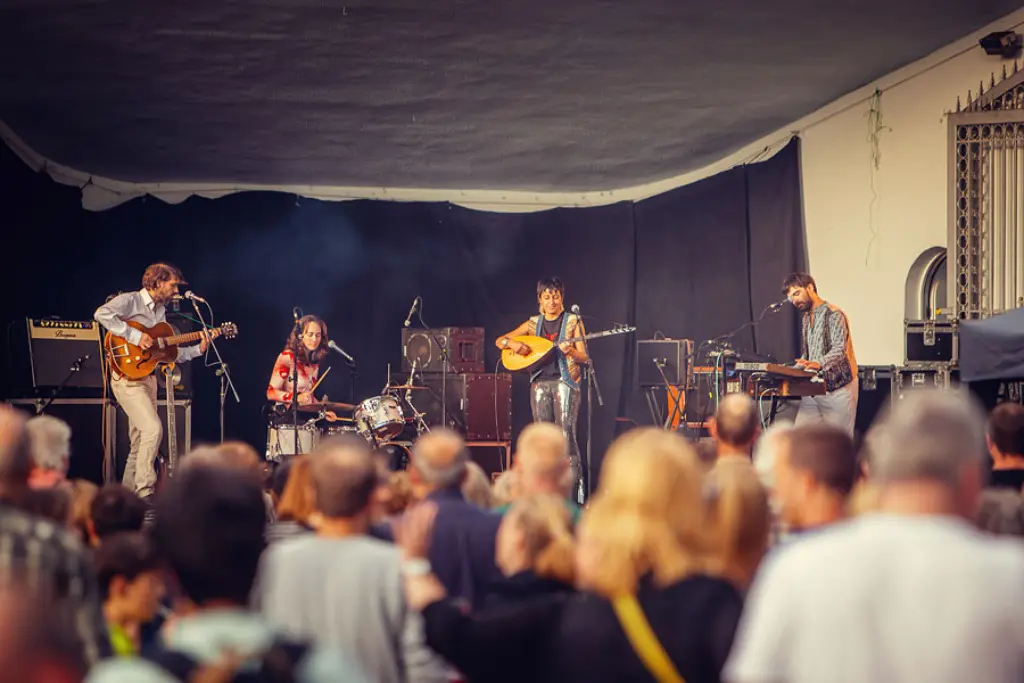 Auf dem Bild sieht man eine Aufnahem eines Konzerts. Im Vordergrund steht unscharf das Publikum mit Blick zur Bühe. Auf der Bühne im Hintergrund des Bild spielt eine Band.
