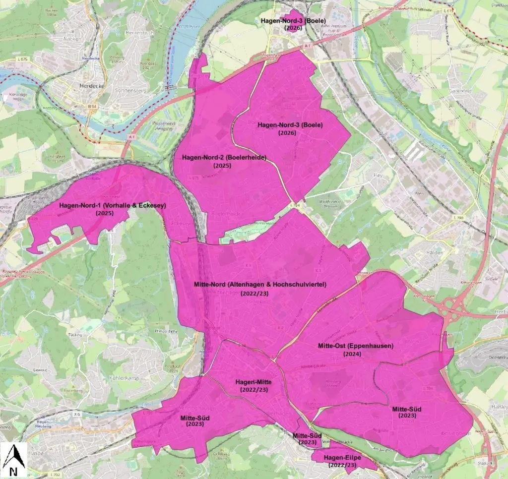 Grafik: Das Telekom- Ausbaugebiet Hagen mit den voraussichtlichen Bauphasen