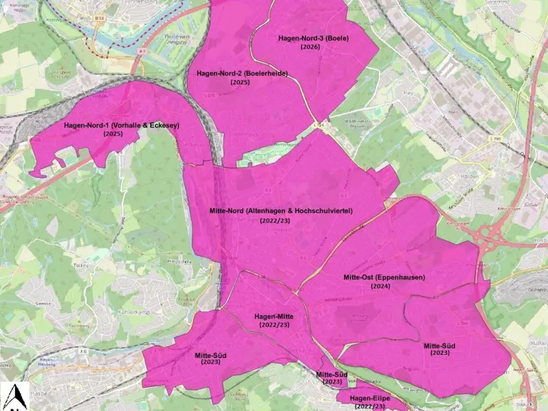 Grafik: Das Telekom- Ausbaugebiet Hagen mit den voraussichtlichen Bauphasen
