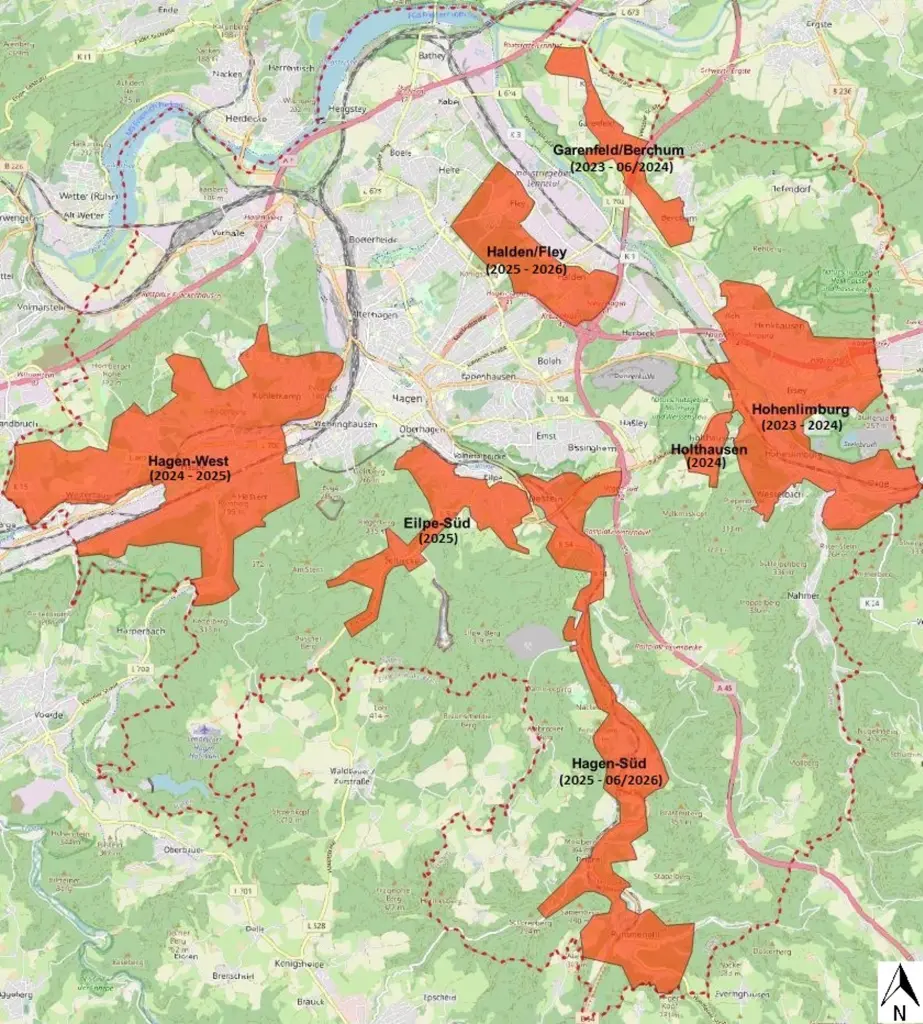 Grafik: Das Ausbaugebiet der Westconnect in Hagen mit voraussichtlichen Bauphasen