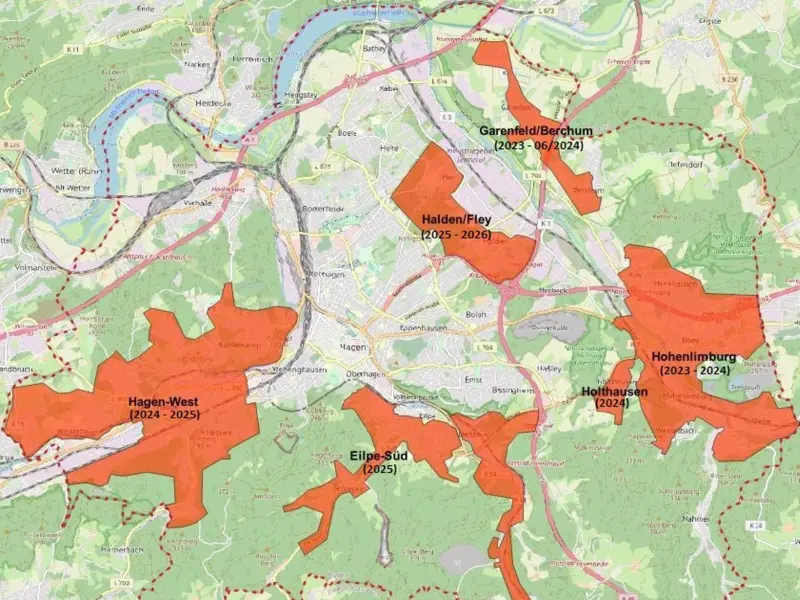 Grafik: Das Ausbaugebiet der Westconnect in Hagen mit voraussichtlichen Bauphasen