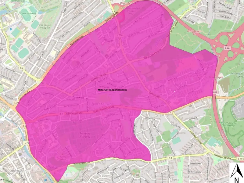 Grafik: Eine Karte von Hagen mit dem markierten Bereich Mitte-Ost (Eppenhausen)