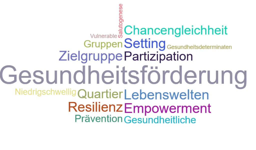 Begriffe der Gesundheitsf&ouml;rderung als Wortwolke dargestellt