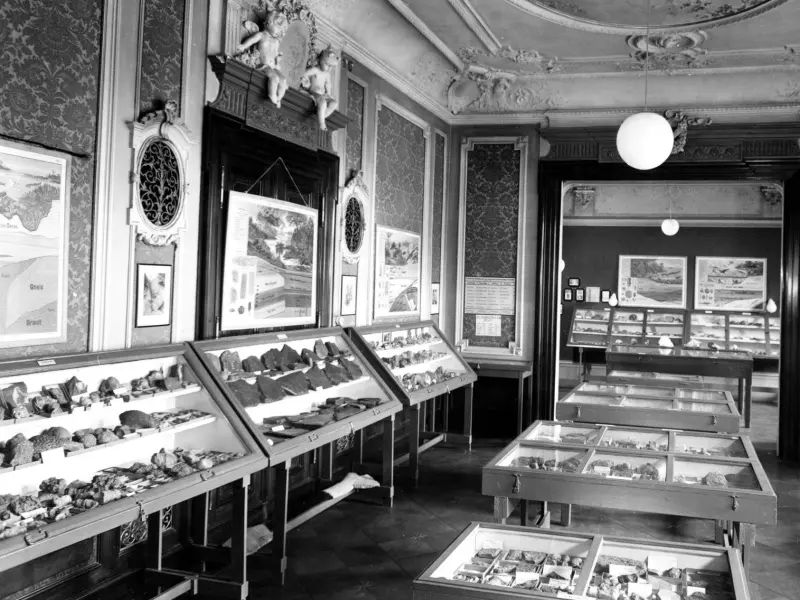 Foto: Ein alter Forschungsaal mit Ausstellungsstücken im Wasserschloss Werdringen
