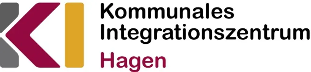 Das Logo des Kommunalen Integrationszentrums in den Farben Schwarz, Lila und Gelb