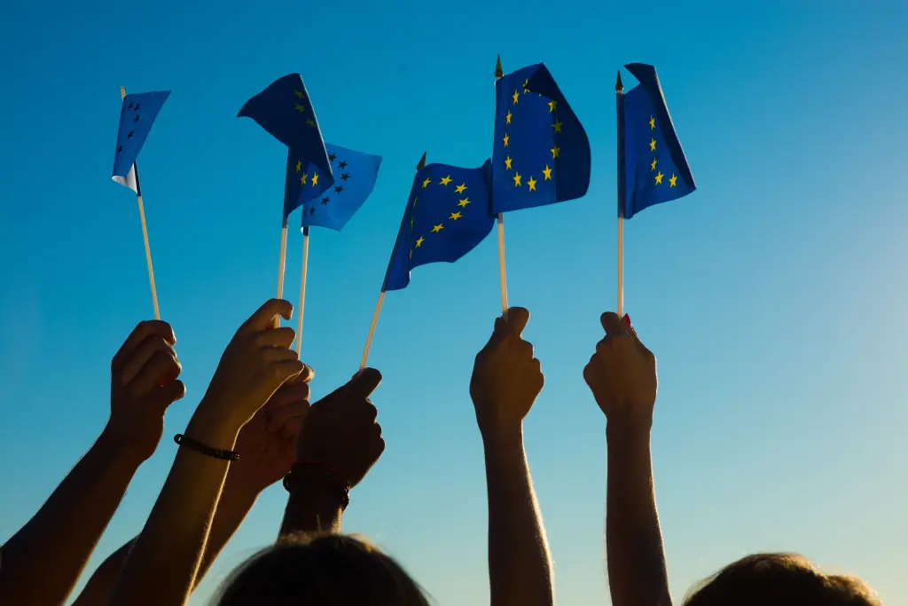 Foto: Mehrere Hände halten Europaflaggen.