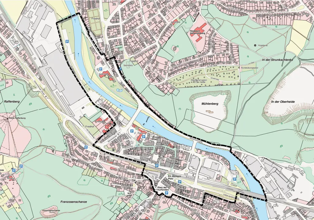 Karte: die Räumliche Abgrenzung des InSEK in Hohenlimburg entlang der Lenne.