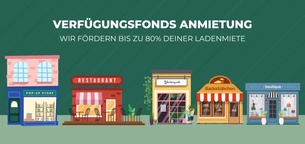 Grafik: Mehrere gezeichnete Häuser und Ladenzeilen mit unterschiedlichen Waren.