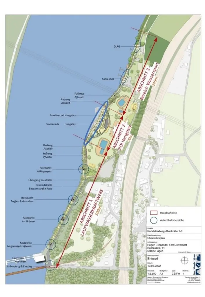Grafik: Die Bauabschnitte des Ruhrtalradwegs entlang des Südufers des Hengsteysees mit dem ersten Abschnitt am Laufwasserkraftwerk, dem zweiten Abschnitt am SeeBad und dem dritten Abschnitt im Bereich Wassersport.