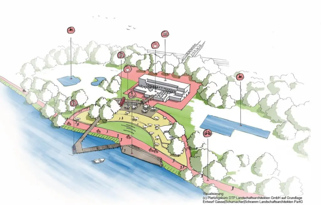 Zeichnung: Visualisierung des Planungsbüros DTP Landschaftsarchitekten des Seeufers am Hengsteysee mit einer halbkreisförmigen Sitz- und Verweilfläche, einem Schwimmbad, einem Radweeg und einem Strandhaus mit Steg über das Wasser.