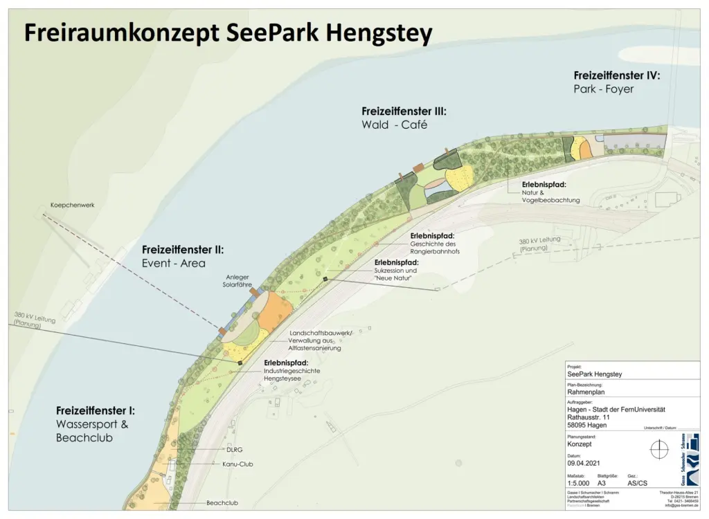 Skizze: Das Freiraumkonzept für den SeePark Hengstey markiert die vier verschiedenen Freizeitfenster entlang des Seeabschnitts mit einem Foyer, einem Café, einer Event Area und einem Wassersport und Beachclub.