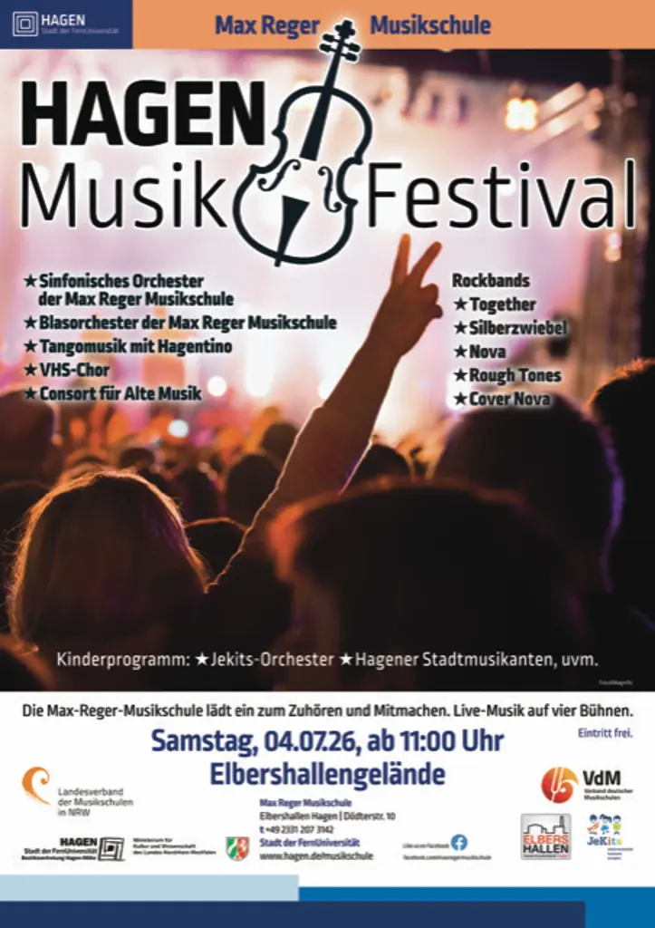 Foto: Ein Palakat, auf dem Menschen zu sehen sind, die in der Menge vor einer Bühne stehen. Zudem werden die Bands, der Ort, der Veranstalter und die Förderer genannt.