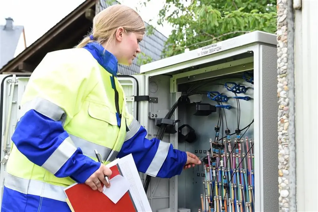 Foto: Eine Mitarbeiterin von Westconnect arbeitet an einem offenen Stromkasten.