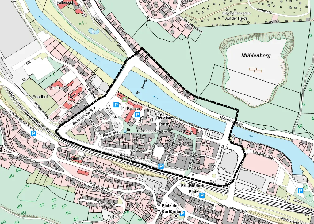 Karte: die Räumliche Abgrenzung des InSEK Historischer Stadtkern Hohenlimburg entlang der Lenne.