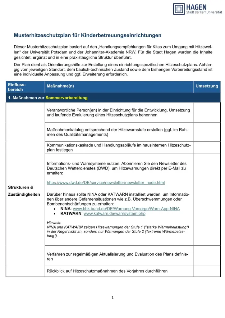 Musterhitzeschutzplan für Kinderbetreuungseinrichtungen
