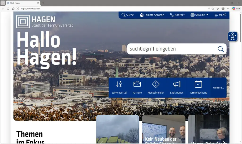 Foto: Bildschirmaufnahme der Startseite von hagen.de