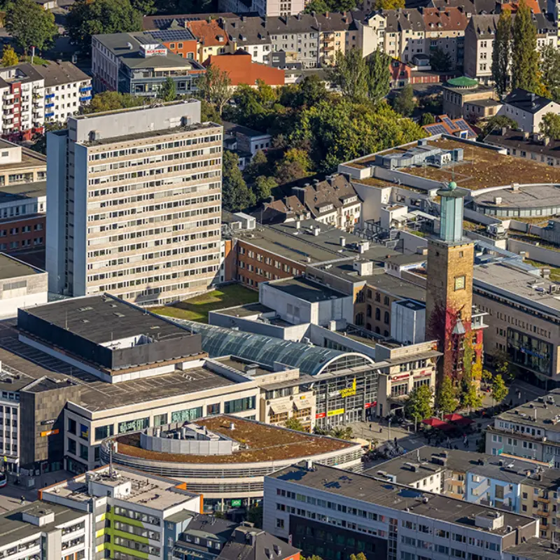 Foto: Das Luftbild einer Innenstadt.