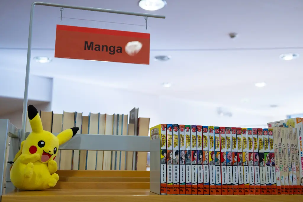 Foto: Zu sehen ist eine Bücherreihe mit Mangas und die beliebte Pokemonfigur Pikachu.