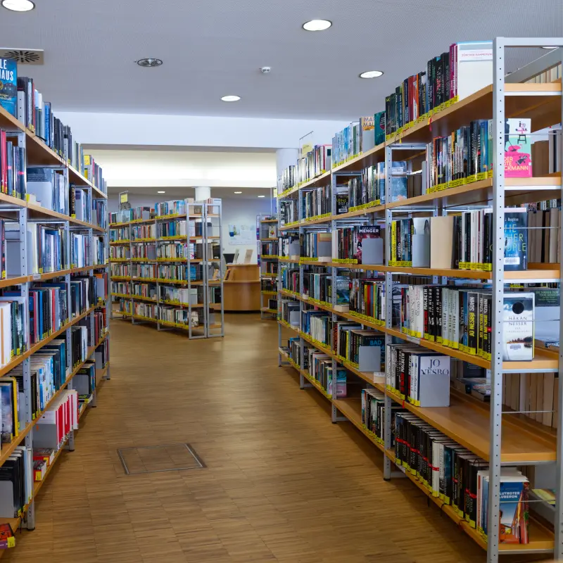 Foto: Zwei Bücherregale in der Stadtbücherei auf der Springe.