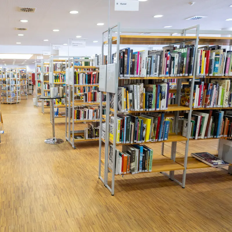 Foto: Aufnahme mehrerer Bücherregale in der Stadtbücherei auf der Springe.