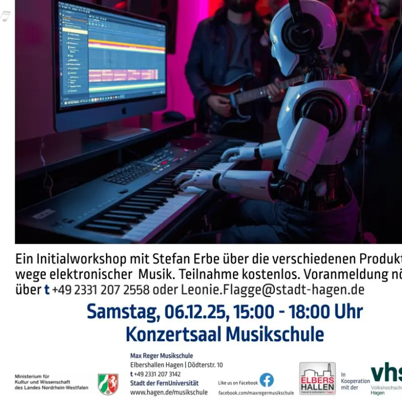 Foto: Der Flyer zum Worshop, mit einem Foto von Menschen, die vor einem Computerbildschirm stehen.