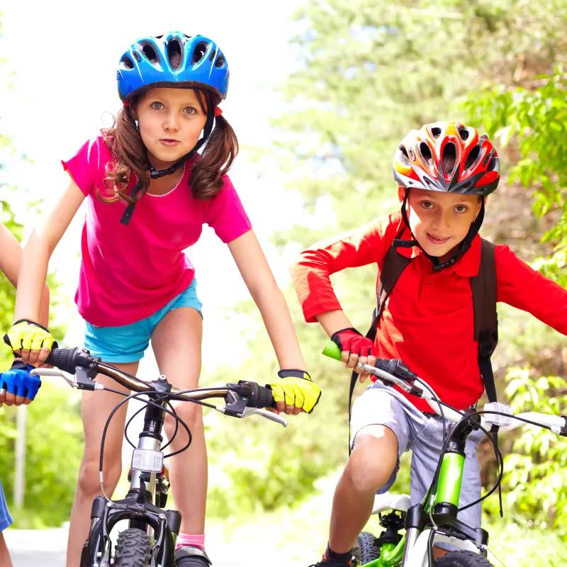 Symbolfoto: Drei Kinder fahren bei gutem Wetter mit dem Fahhrad durch den Wald.