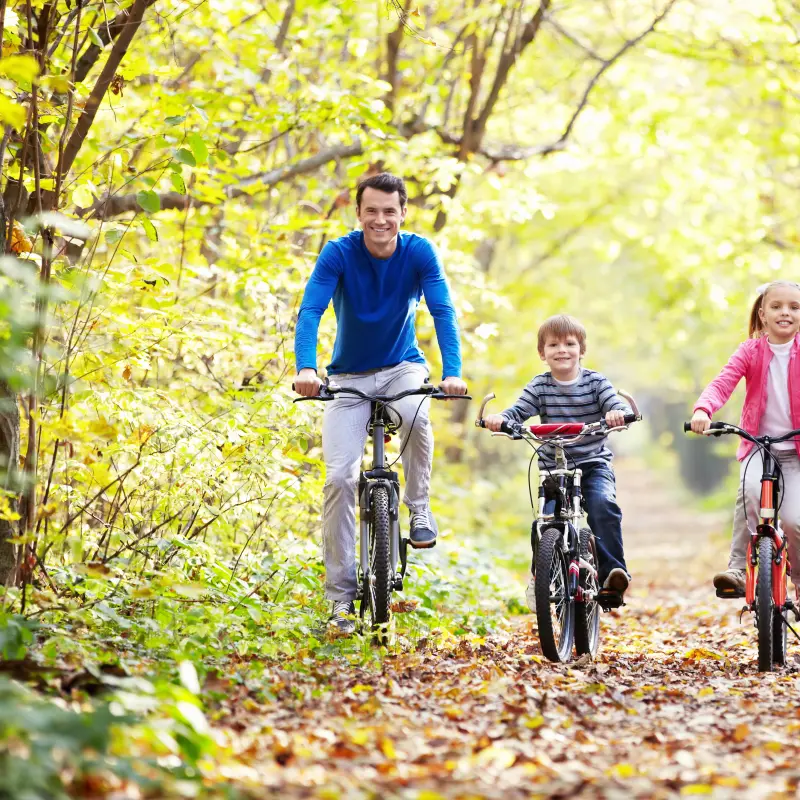 Foto: Eine vierk&ouml;pfige Familie f&auml;hrt im Wald Fahrrad.