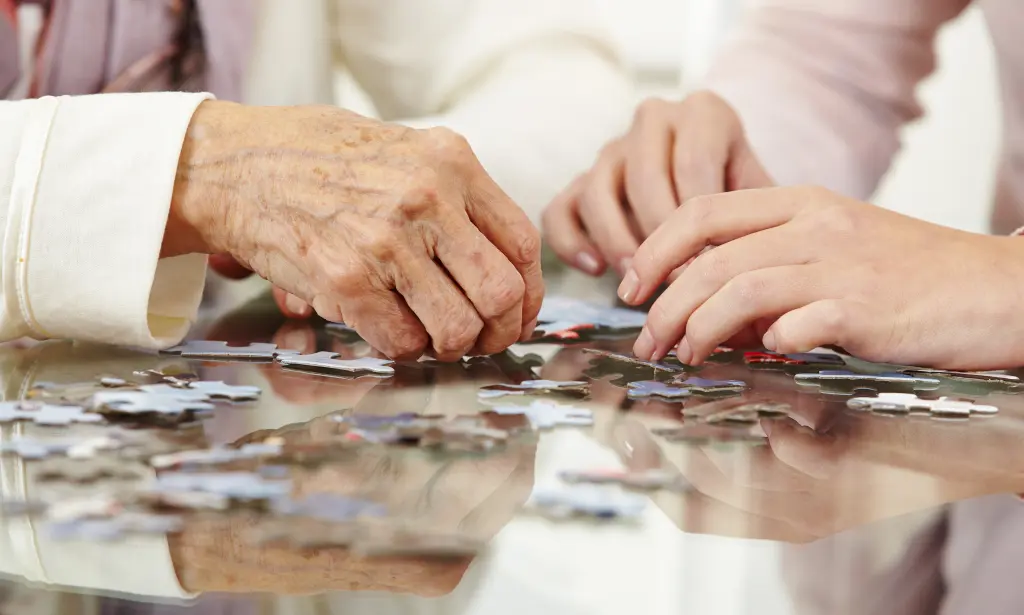 Foto: Zwei paar Hände, ein altes und ein junges, legen gemeinsam ein Puzzle.