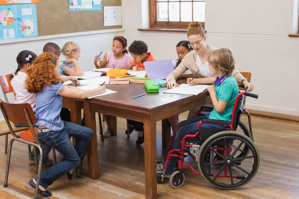 Foto: Ein Klassenraum mit einer Lehrerin und einer Gruppe Schülerinnen und Schüler, manche sitzen im Rollstuhl.