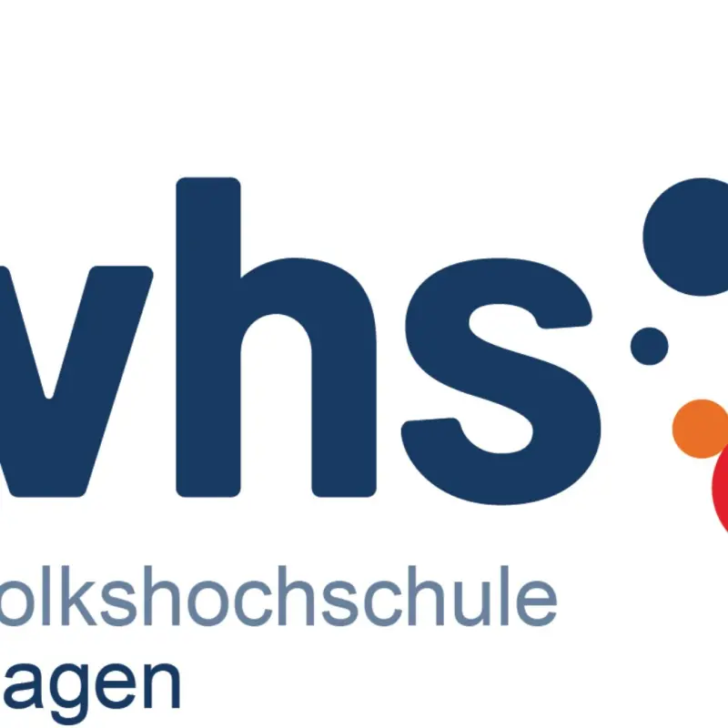 Foto: Logo der VHS (vhs, Volkshochschule Hagen, daneben bunte Punkte im Kreis angeordnet)