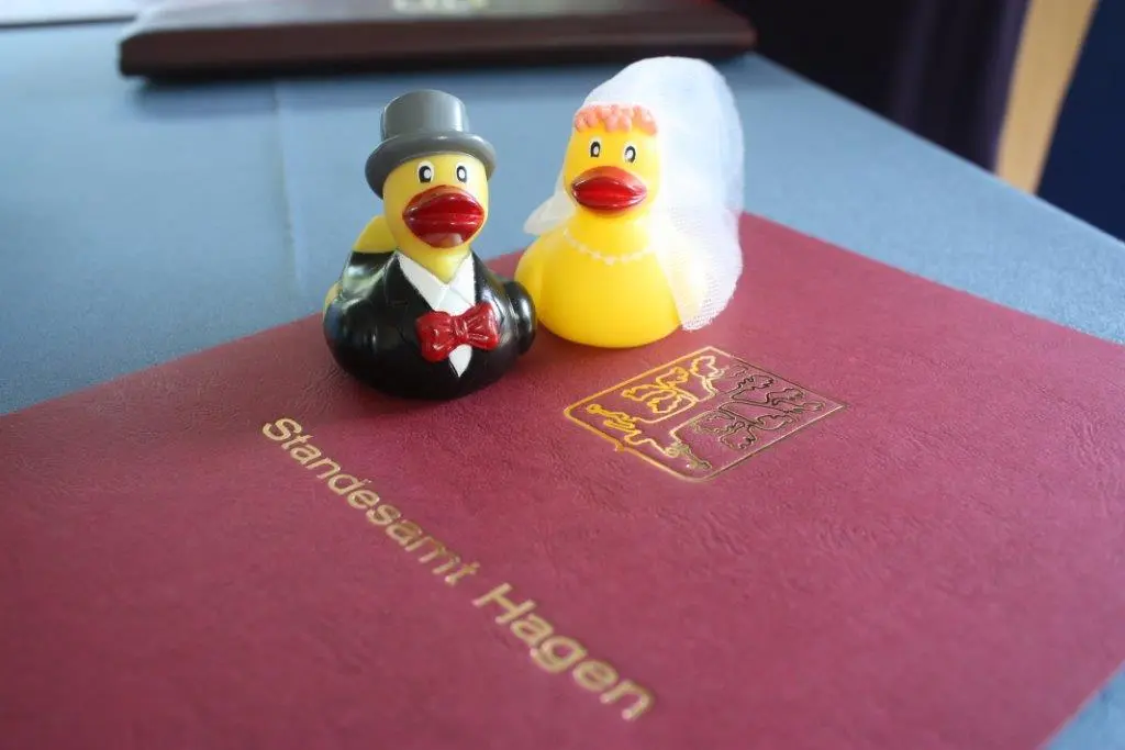 Foto: Zwei Quietscheenten in Hochzeitskleidung sitzen auf einer Eheurkunde der Stadt Hagen.