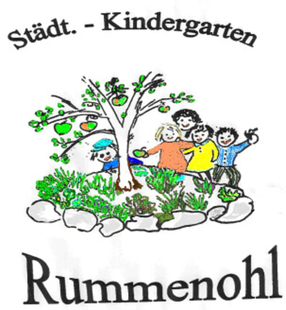 Logo: Das Logo der Kita Rummenohl mit Kindern, die um einen Baum tanzen.
