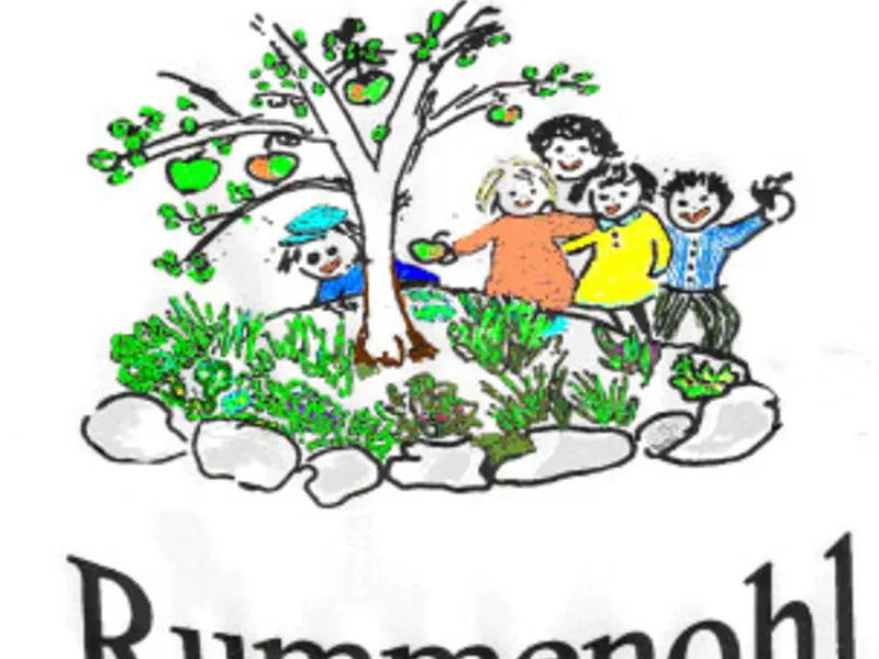 Logo: Das Logo der Kita Rummenohl mit Kindern, die um einen Baum tanzen.