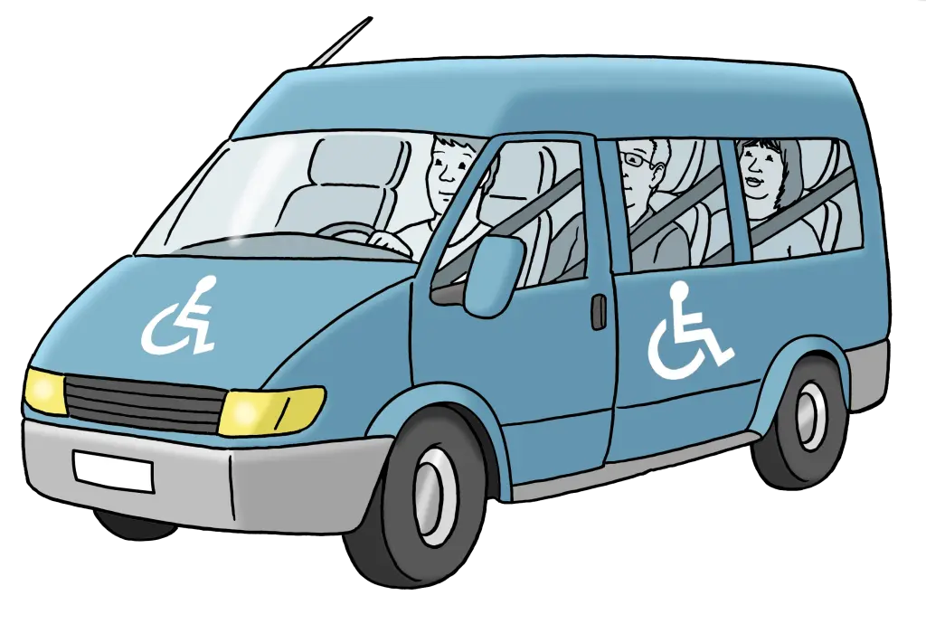 Eine Zeichnung eines blauen Autos mit einem Rollstuhl-Symbol.