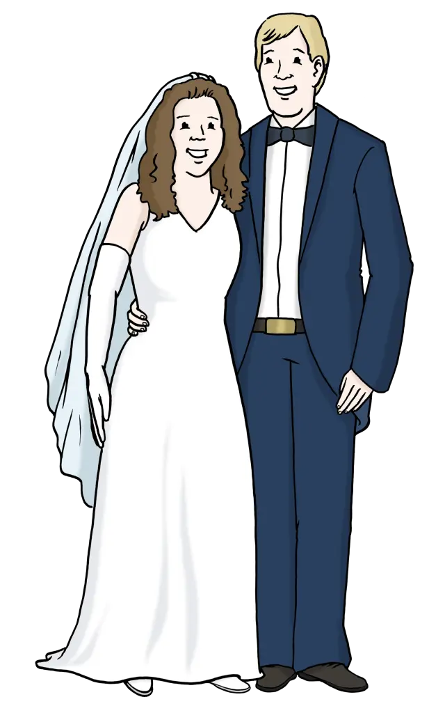 Ein Mann und eine Frau an ihrem Hochzeitstag. Die Frau trägt ein weißes Kleid und der Mann einen Anzug.