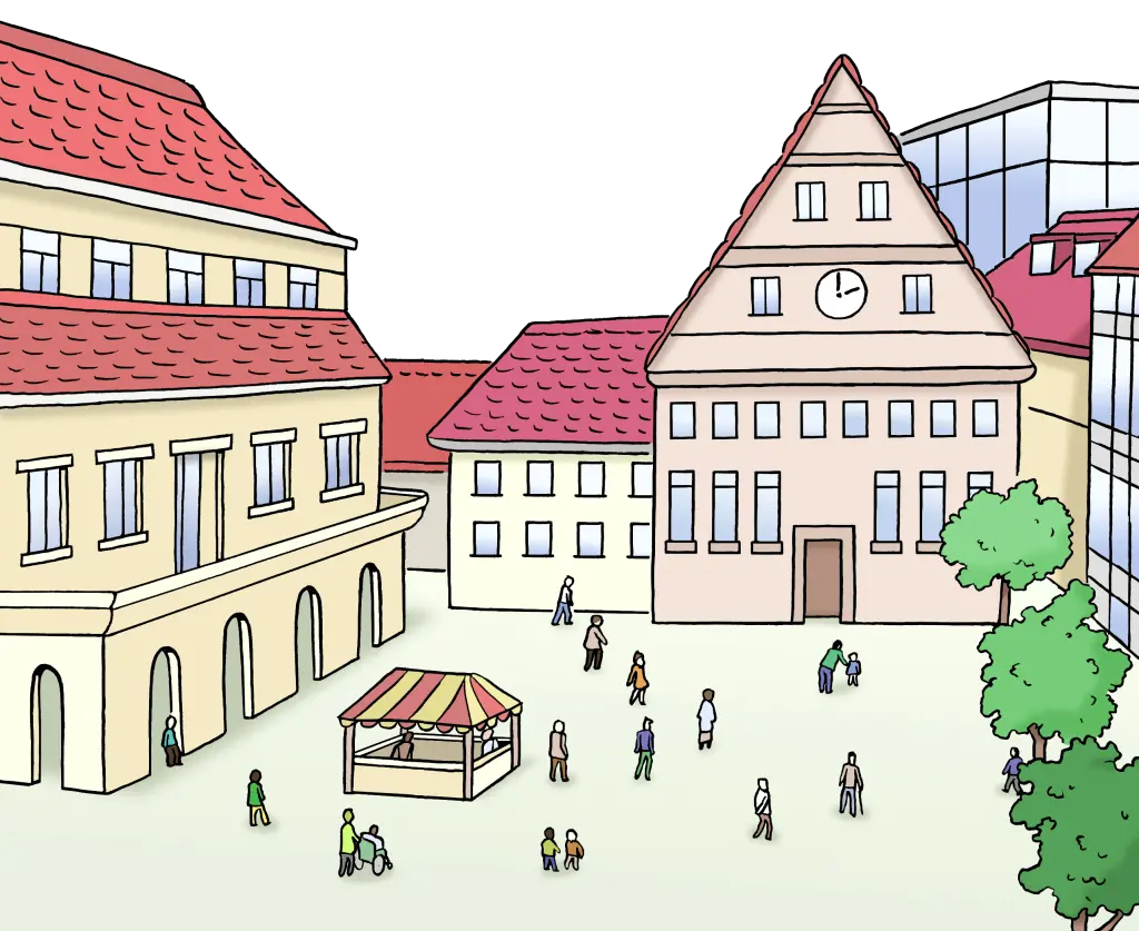 Ein Marktplatz vor einem alten, historischen Rathaus.
