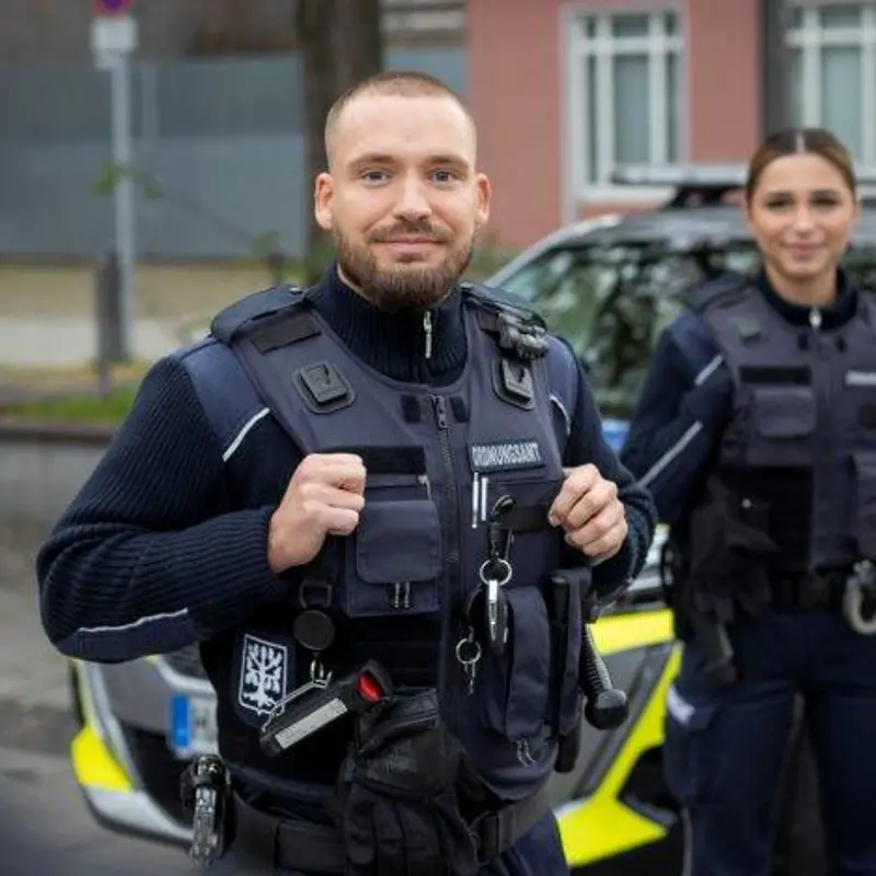 Foto: Ein Mann und eine Frau vom Ordnungsamt stehen vor einem Auto vom Ordnungsamt und schauen in die Kamera.