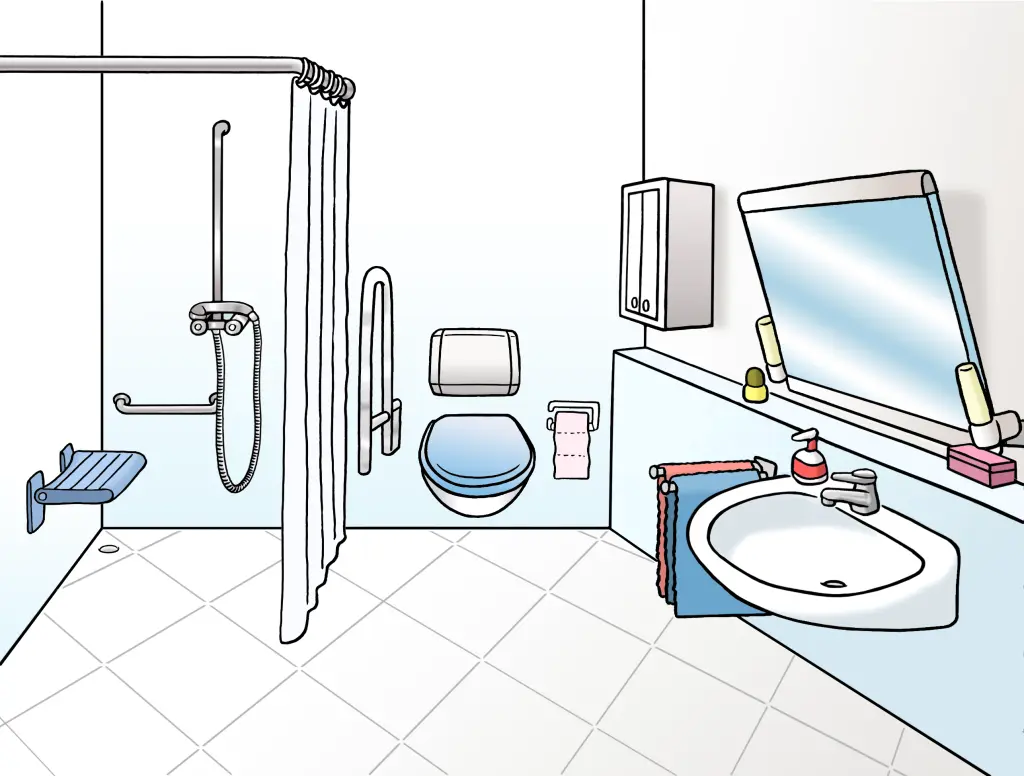 Ein Badezimmer mit barrierefrei ausgebauter Dusche und Toilette.