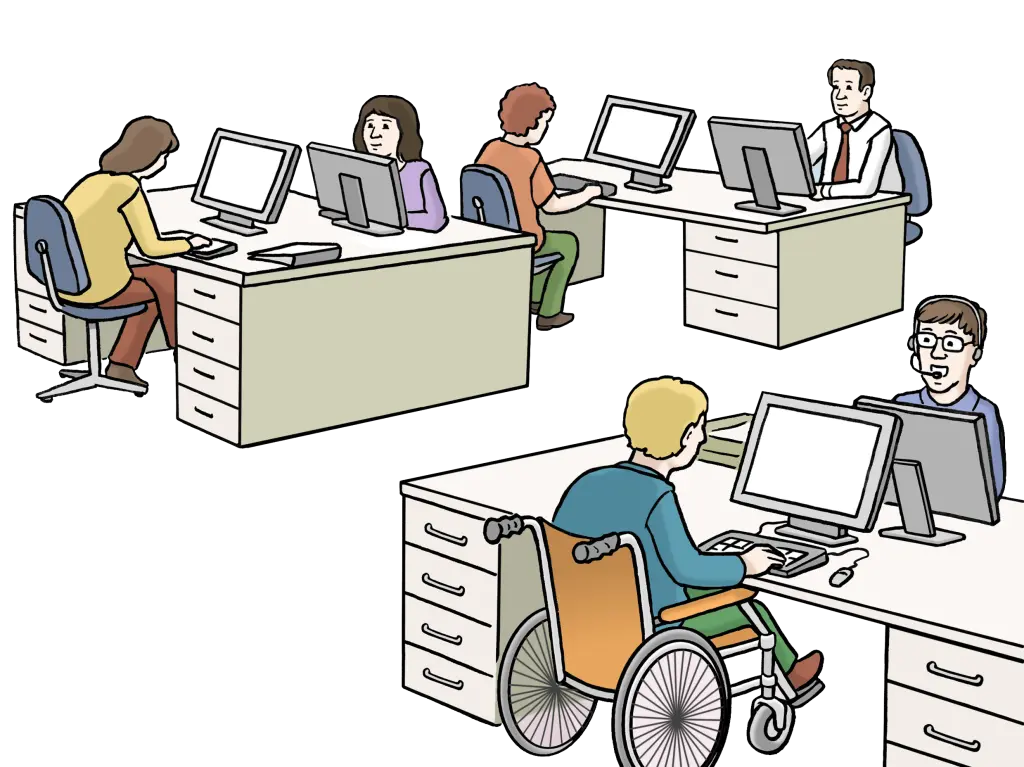 Eine Zeichnung von mehreren Schreibtischen, an denen Menschen an Computern arbeiten.