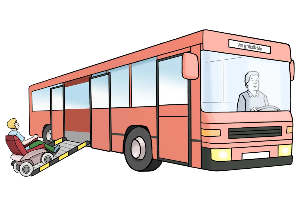 Ein Schulbus mit einer Rampe, auf der ein Schulkind hochfährt.