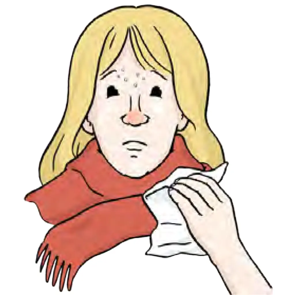 Eine Zeichnung einer Frau. Die Frau ist erkältet und hat eine geschwollene Nase. Sie hat ein Taschentuch und einen Schal.