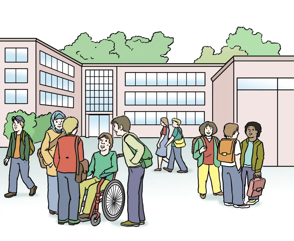 Im Hintergrund steht ein Schulgebäude, im Vordergrund spielen und stehen viele Kinder auf dem Schulhof.