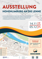 Eine Karte zeigt die Standorte im Hohenlimburger Zentrum, an denen die Teilnehmerentwürfe des Wettbewerbs „Hohenlimburg an die Lenne“ ausgestellt werden. (Plakat: Stadt Hagen)