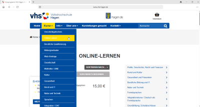 Das Bild zeigt unsere Homepage vhs-hagen.de mit dem Menüpunkt für online-Lernangebote.